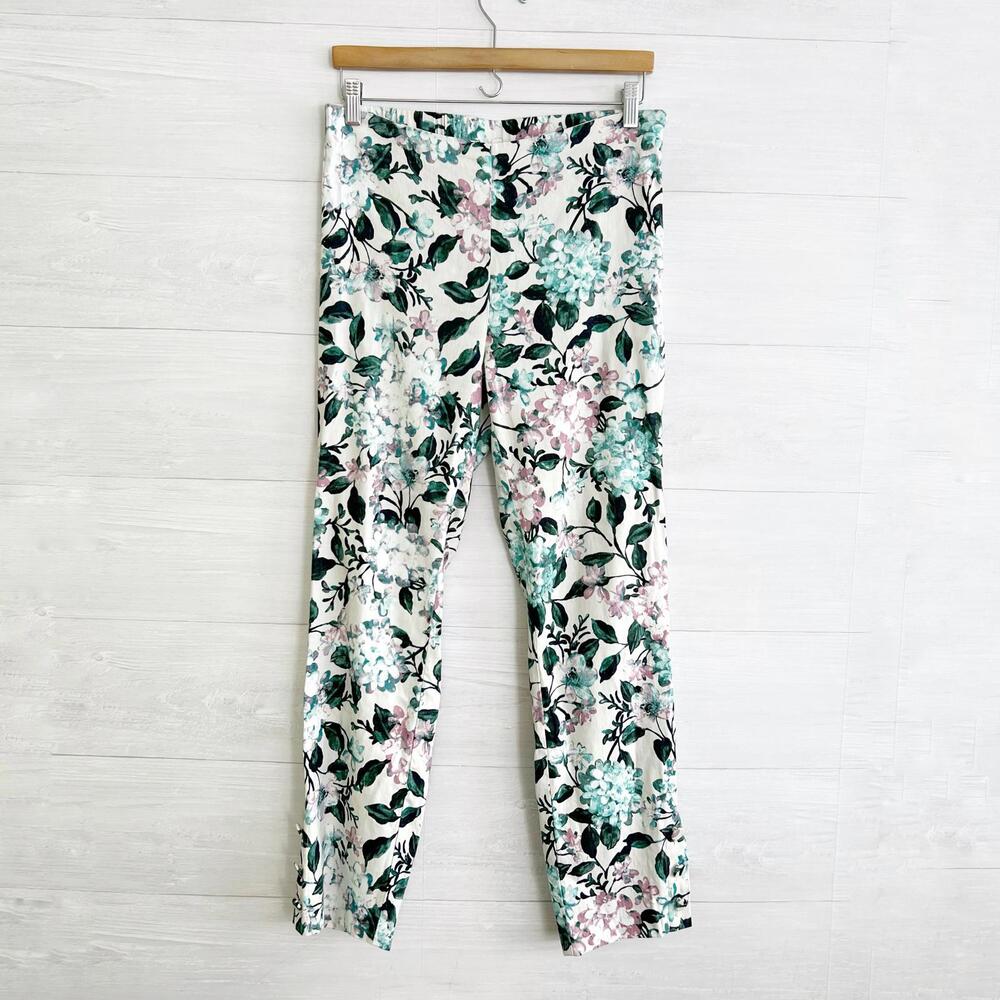 J.Jill Linen Stretch - Aqua pink floral linen pants button hem, S Tall